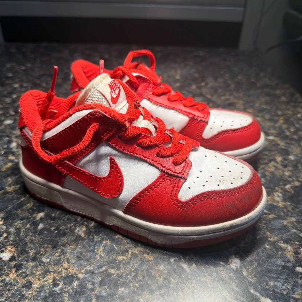 Nike SB Dunk Low Kids Sneakers Red White Leather Low Top Skate Shoes 12C